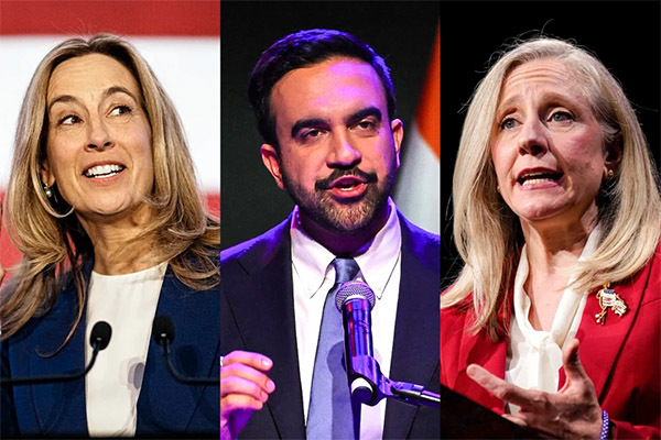 新泽西州当选州长谢里尔、纽约市当选市长马姆达尼、弗吉尼亚州当选州长斯潘伯格 资料图