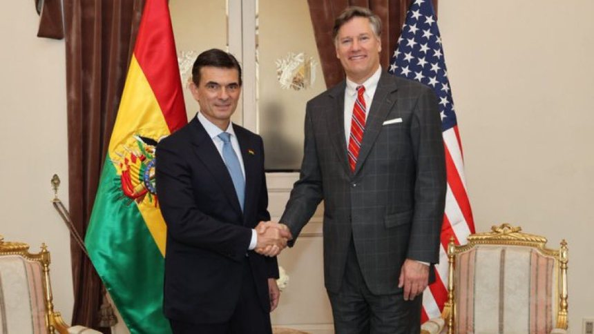 △玻利維亞總統(tǒng)羅德里戈·帕斯·佩雷拉和美國副國務(wù)卿克里斯托弗·蘭道(資料圖)