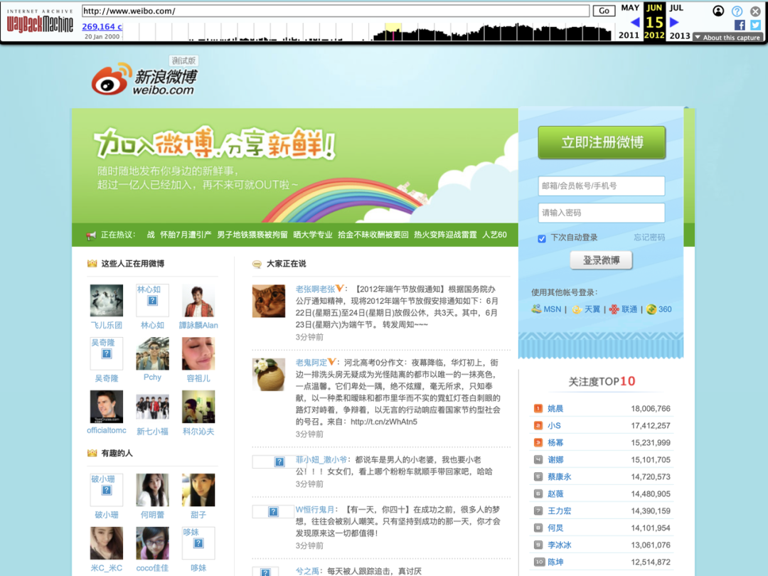 瞬间回到 2012 年某日的微博首页|图源:网站时光机
