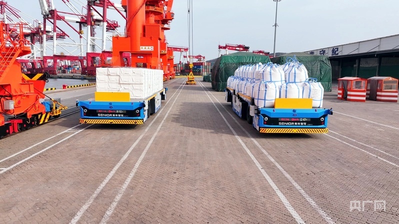 智能引导运输车装载货物在码头穿梭（央广网记者 唐磊 摄）