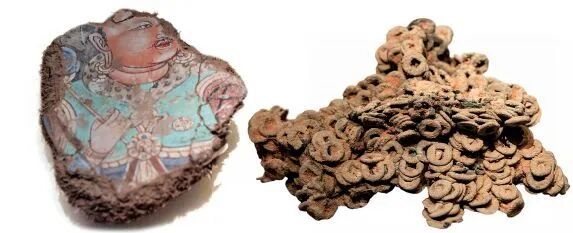 左图：木舒克市附近一处佛寺遗址内的壁画残块，唐代；右图：龟兹五铢钱，汉代。图/视觉中国 新华