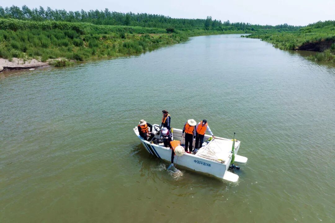 2023年5月12日,长江流域生态环境监督管理局的监测人员在湖北赤壁市江段进行底栖动物样品采集。图/新华