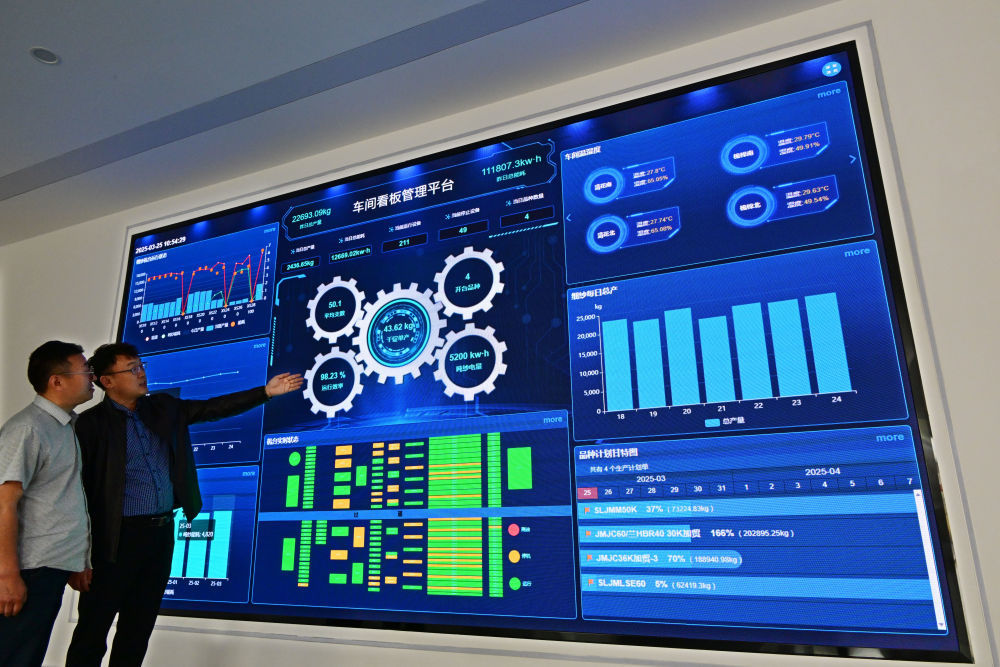 在山东省青岛市即墨区龙山街道一家服装企业的车间看板管理平台，工作人员在实时查看相关数据（3月25日摄）。新华社记者 李紫恒 摄