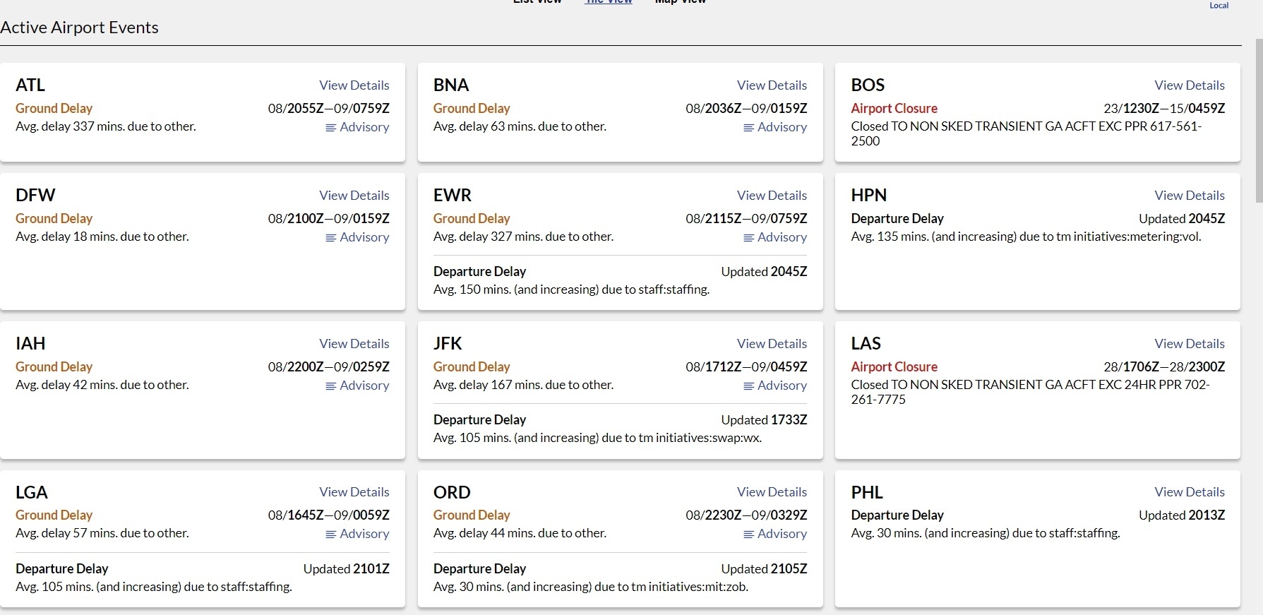 △航班追蹤網站截圖,美國部分出現延誤情況的機場