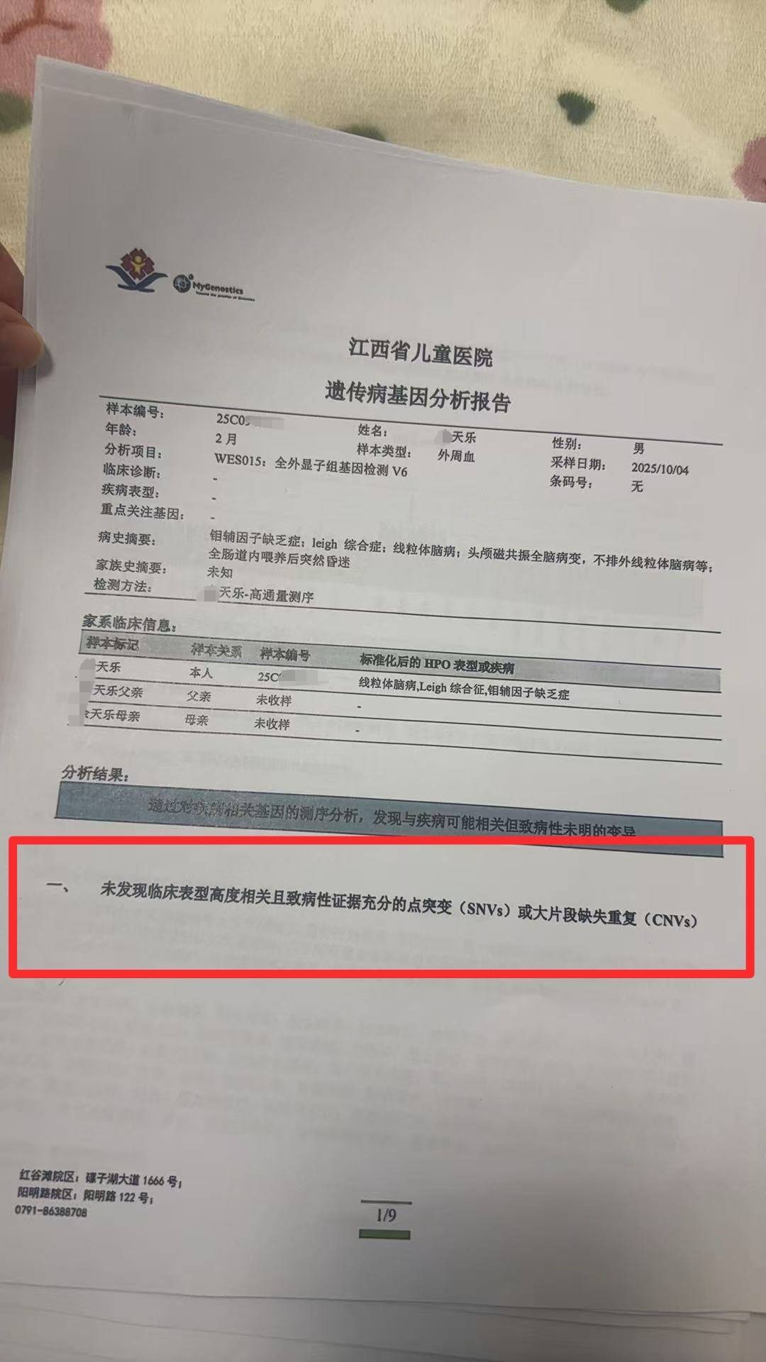 遗传病基因检测结果。