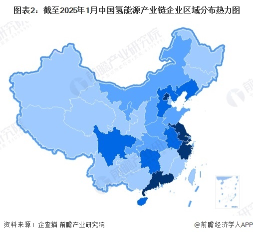 图表2:截至2025年1月中国氢能源产业链企业区域分布热力图