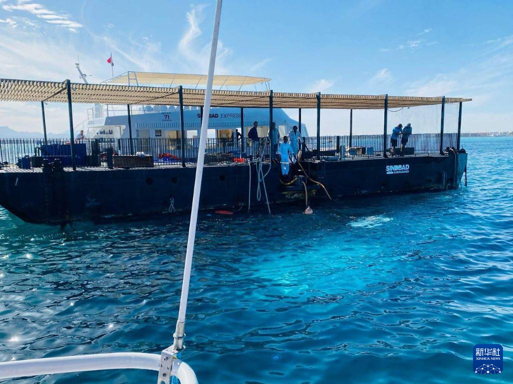 3月27日在埃及胡尔加达附近海域拍摄的旅游潜艇事故救援现场。新华社