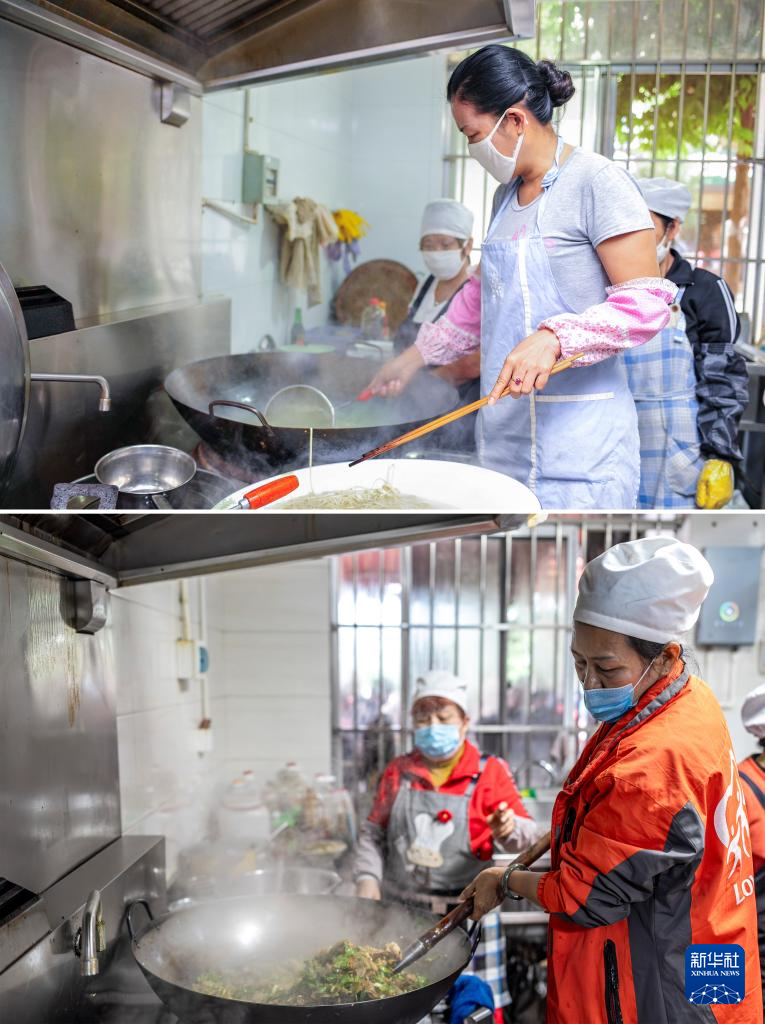 拼版照片:上图为2013年8月6日,王兰兰在昆明市幸福家园小区爱心食堂给老人做饭;下图为2025年5月28日,王兰兰在昆明市幸福家园小区爱心食堂给老人做饭。