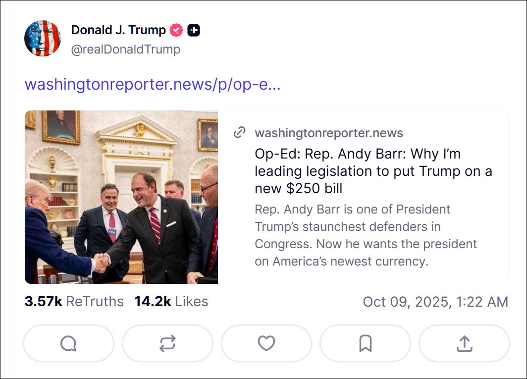 想享受开国元勋待遇？特朗普力推将自己的头像印在新版250美元纸币上_凤凰网
