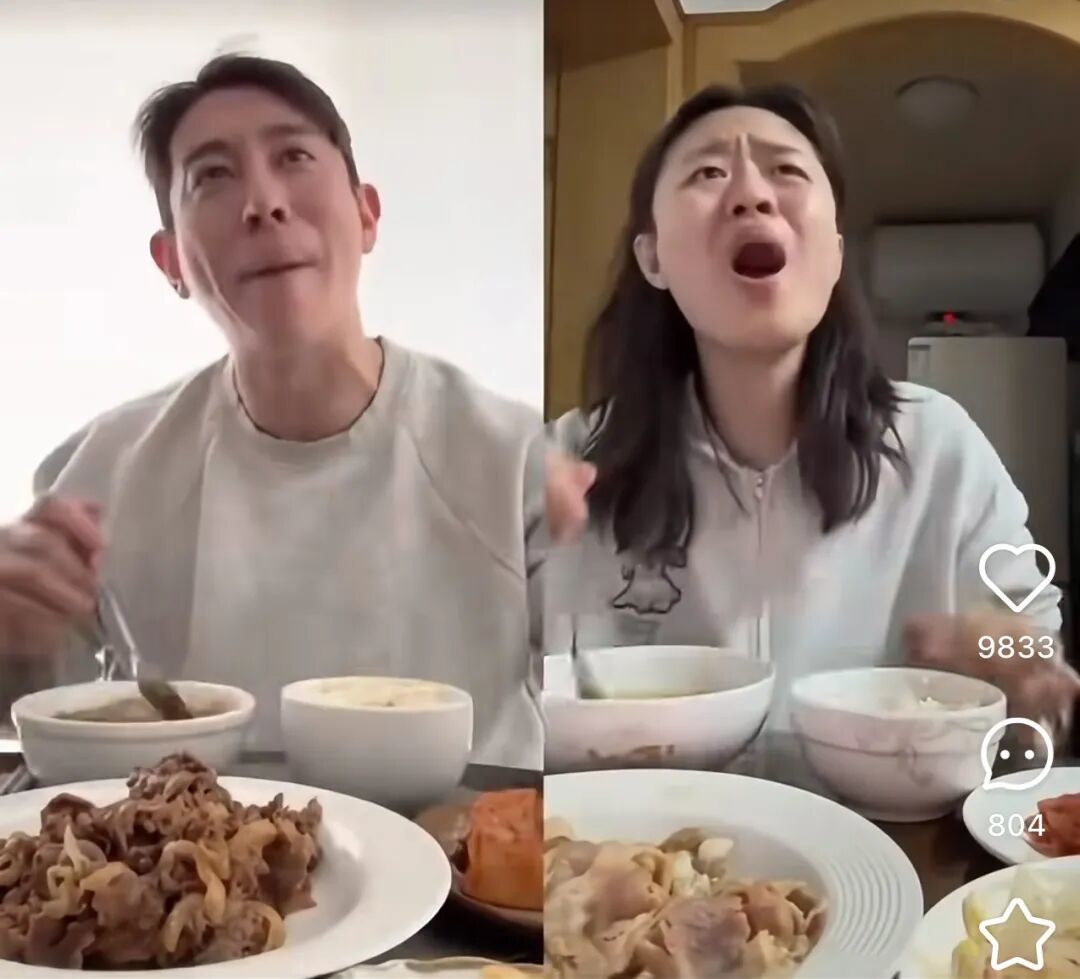 网友模仿王辉浮夸的吃相。(图/小红书)