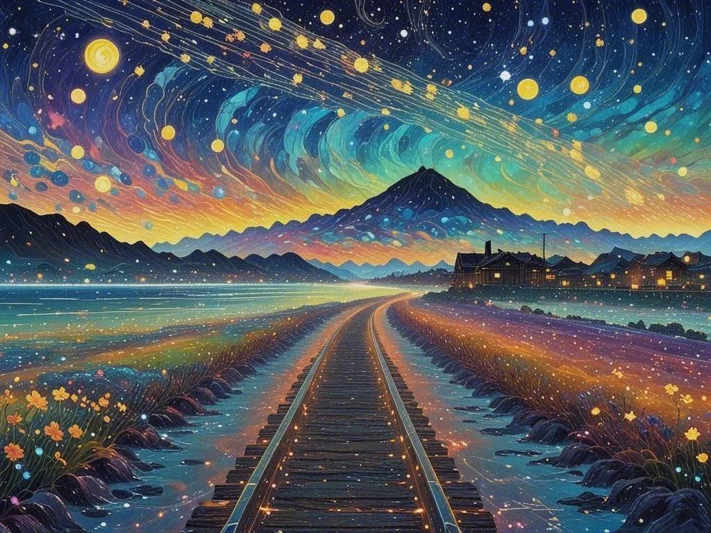 身为一名列车司机,我于今年一次夜班值乘时,透过车窗邂逅了满天繁星,心有所动便将其记录下来。在灵感迸发之际,联想到莫奈笔下的梦幻世界,我将AI技术与现实景象融合,由此创作出一幅美轮美奂、如梦如幻的图片。