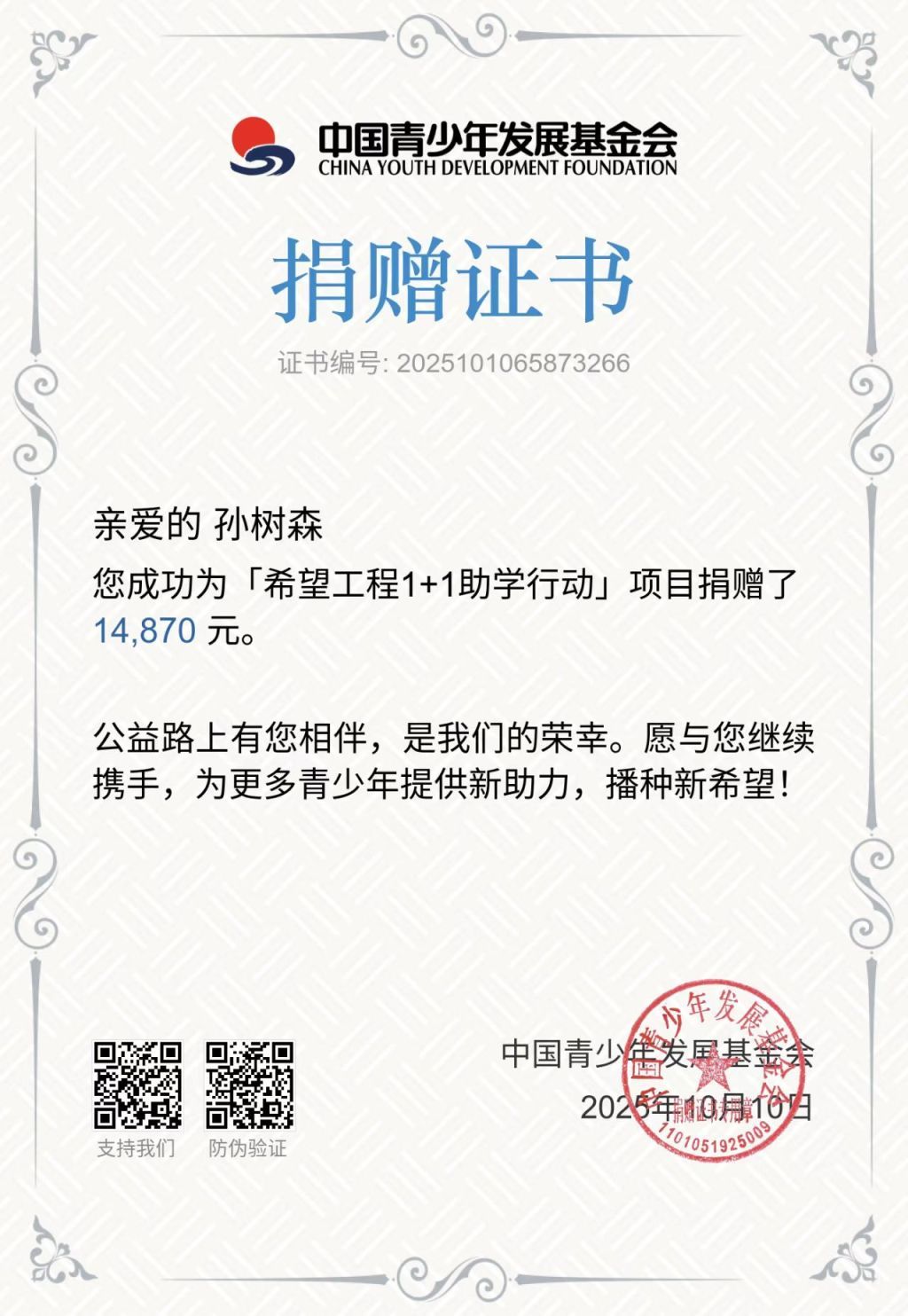 孙树森将今年两起网络侵权诉讼的赔偿款捐给了公益机构。