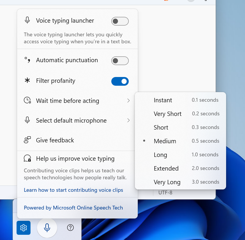Voice typing settings supports “Wait time before acting” with timing options like “Instant - 0.1 seconds” to “Very Long - 3.0 seconds”