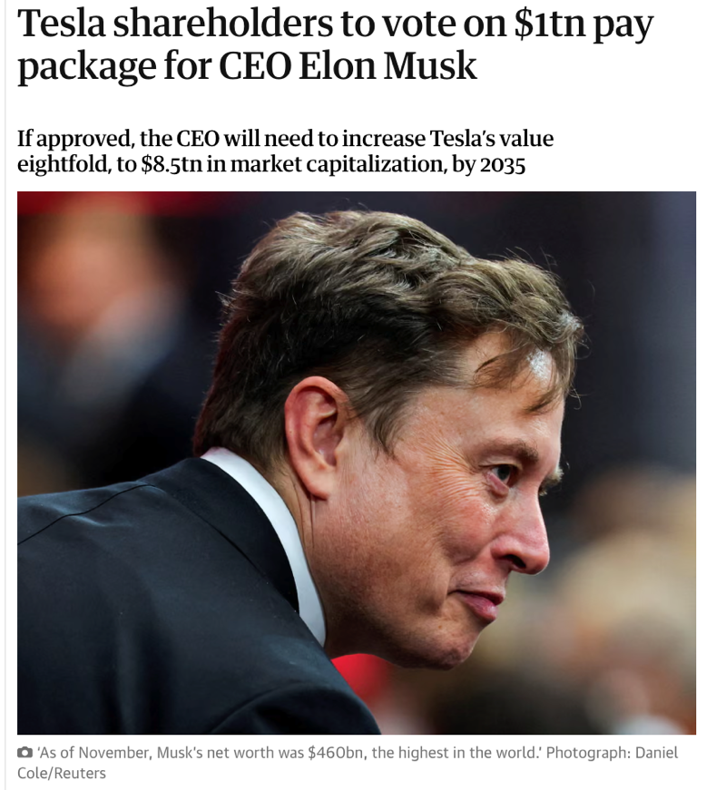 △《卫报》报道,如马斯克薪酬方案获特斯拉股东大会批准,他将可能成为首位万亿富翁