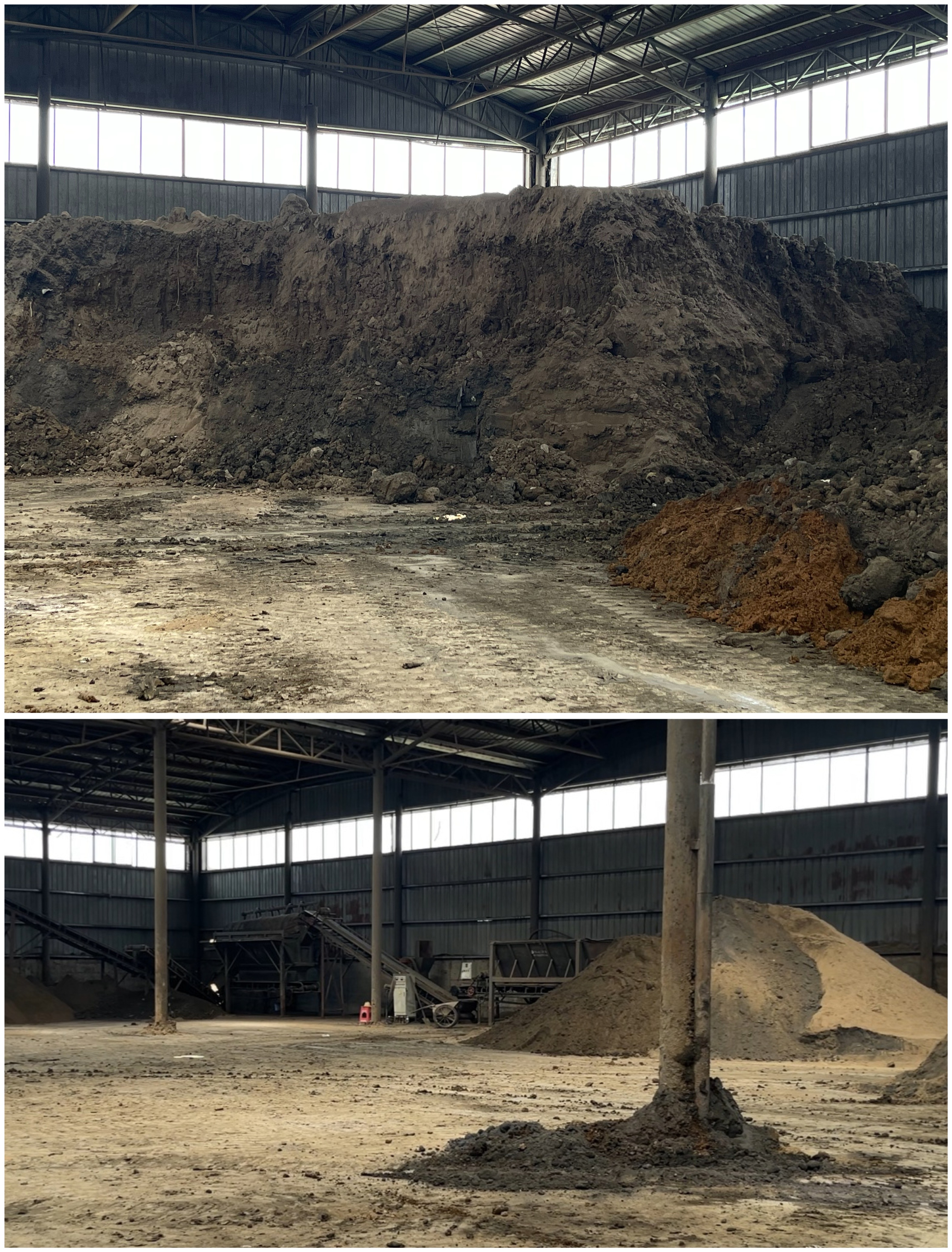 淮安辰能生态农业科技有限公司厂房内堆放的各种污泥、生物灰等原料。