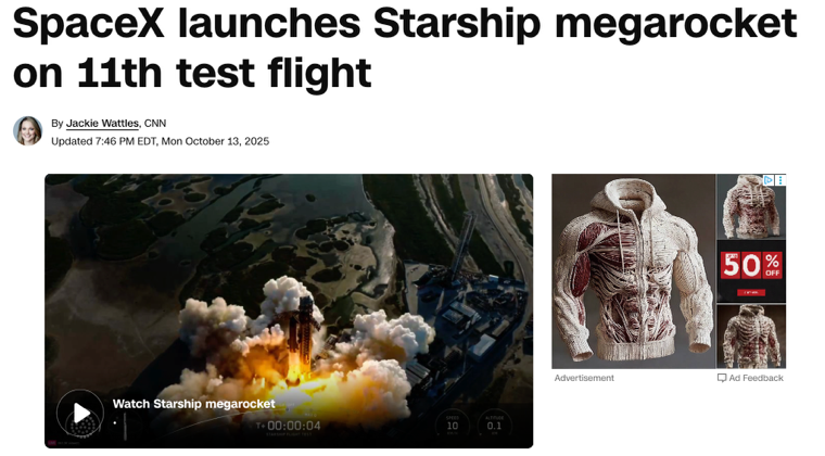 △CNN报道,SpaceX成功发射“星舰”,公司表示将在下一次试飞中推出“星舰”3