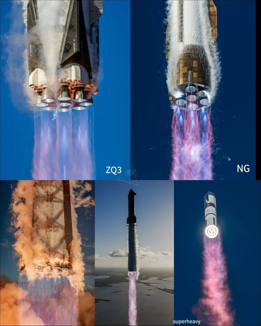 朱雀三号（左上）、新格伦（右上）和星舰的超重型助推器（下），都使用了液氧甲烷推进剂
