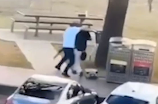 监控画面显示:一名路人男子走向持枪凶手夺枪时与其扭打在一起。图源:澳媒