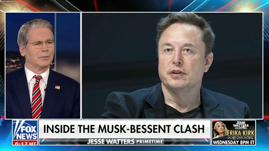 美财长回应曾“与马斯克发生肢体冲突”一事。图源:美媒视频截图