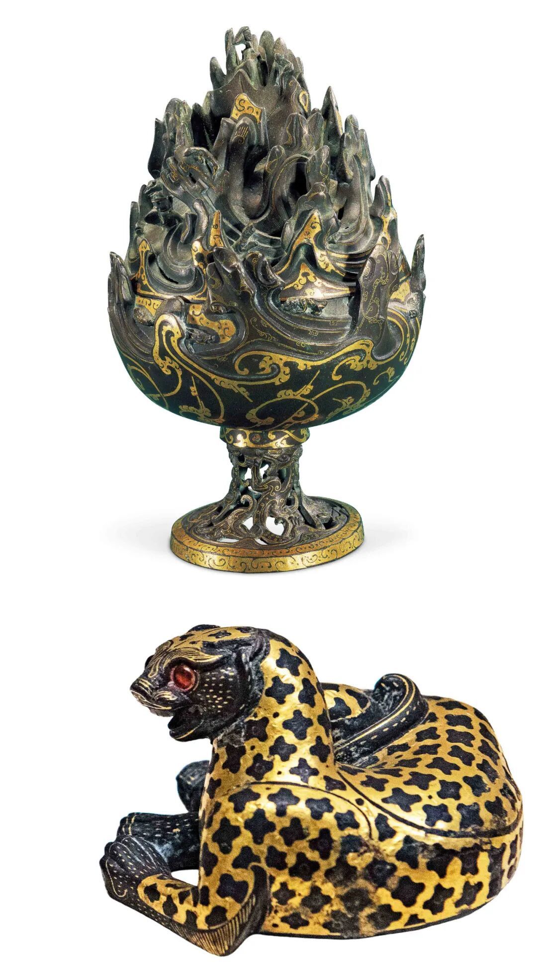 上图:错金铜博山炉 下图:错金银铜豹席镇 图/视觉中国