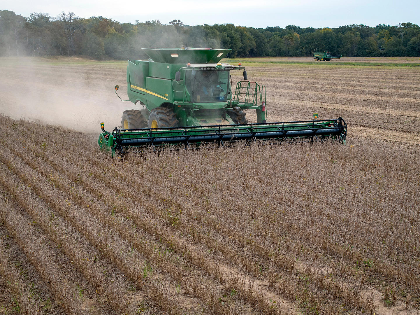 ▲美国一农场内收割机正在收割大豆 图据视觉中国