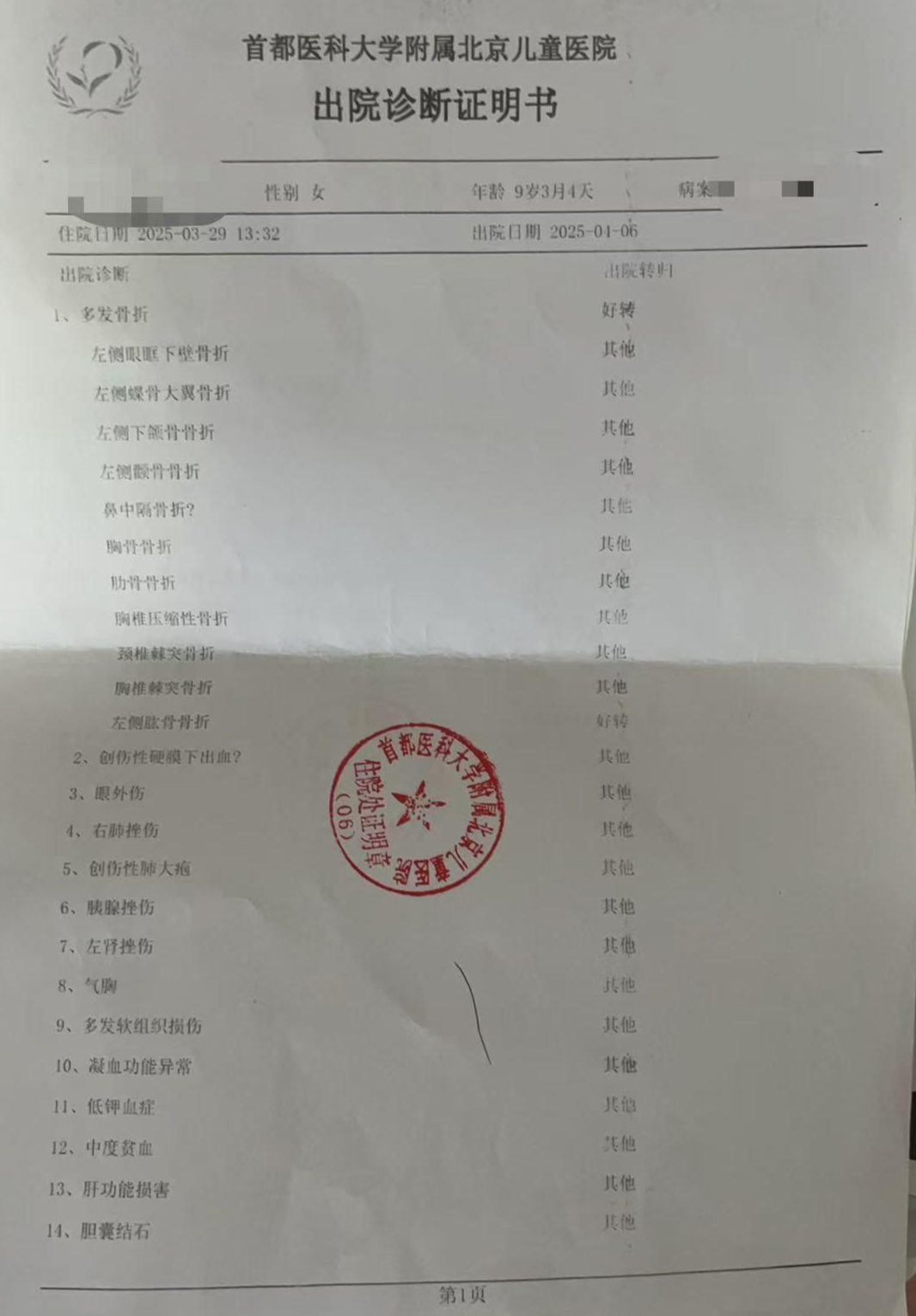 ▲出院诊断证明书