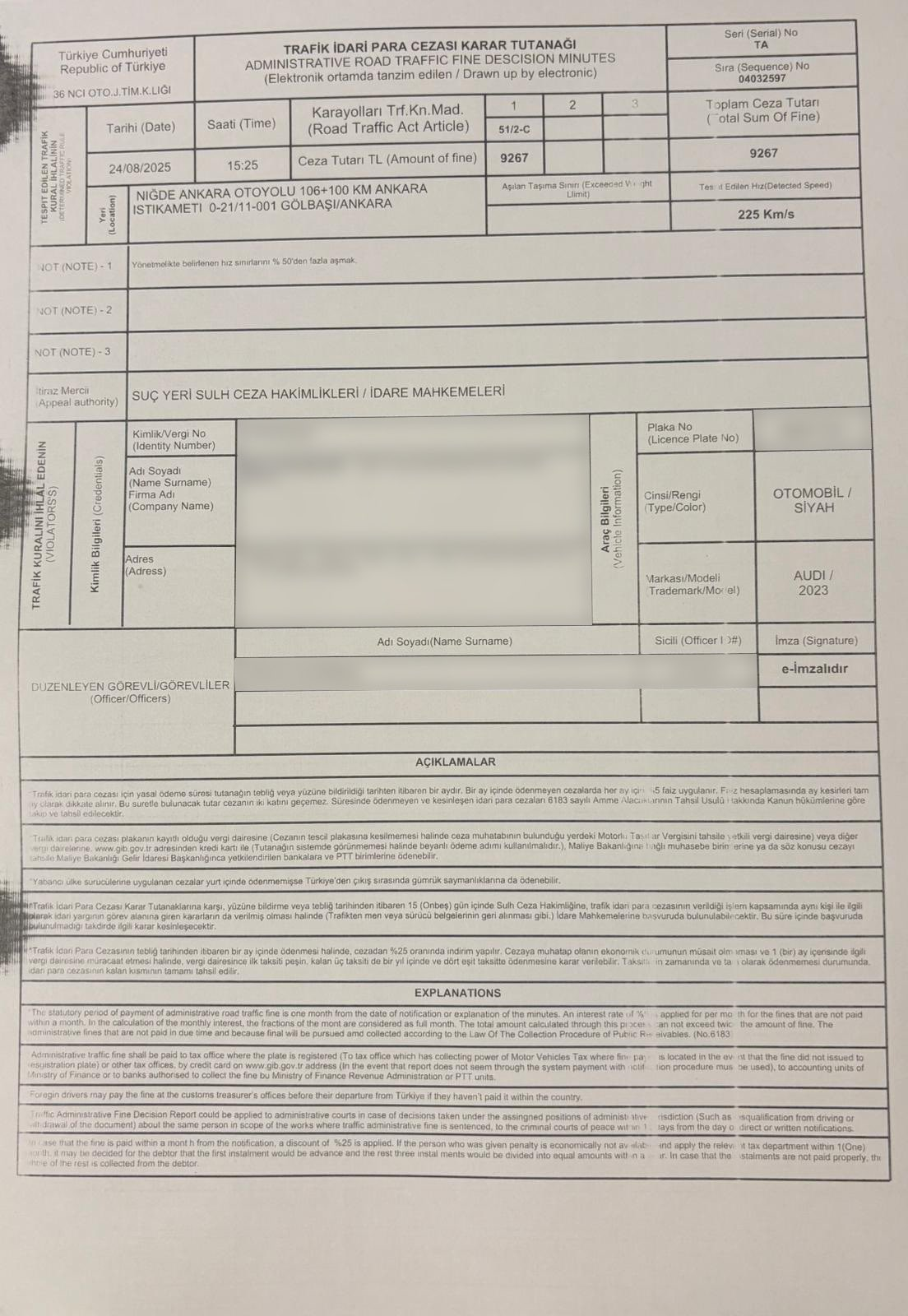 当地时间25日,乌拉尔奥卢在X上再次发帖,晒出超速罚单。图源:社交平台X