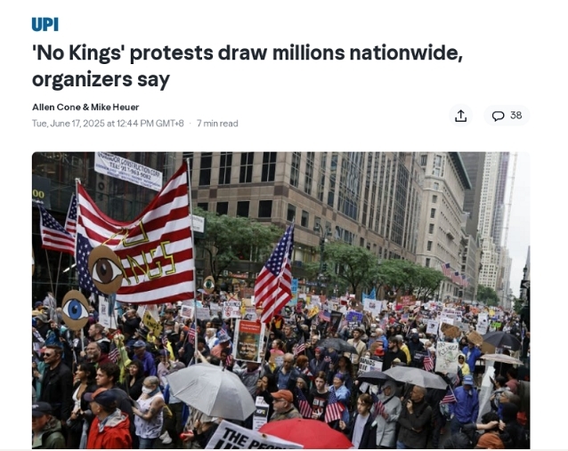“No Kings”抗议席卷美国全国。图片来源：合众国际社报道截图