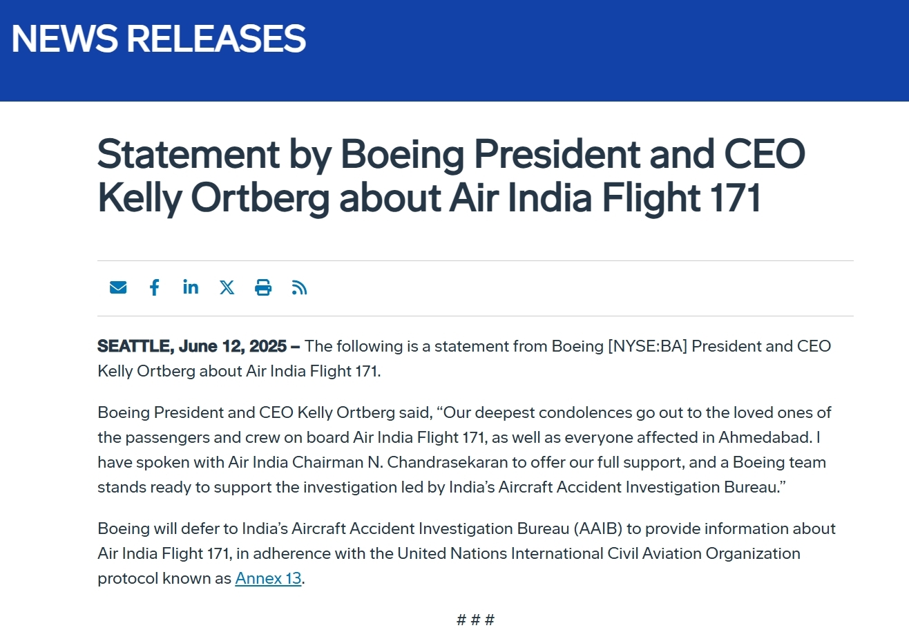 印度空难后，波音发布最新声明_凤凰网