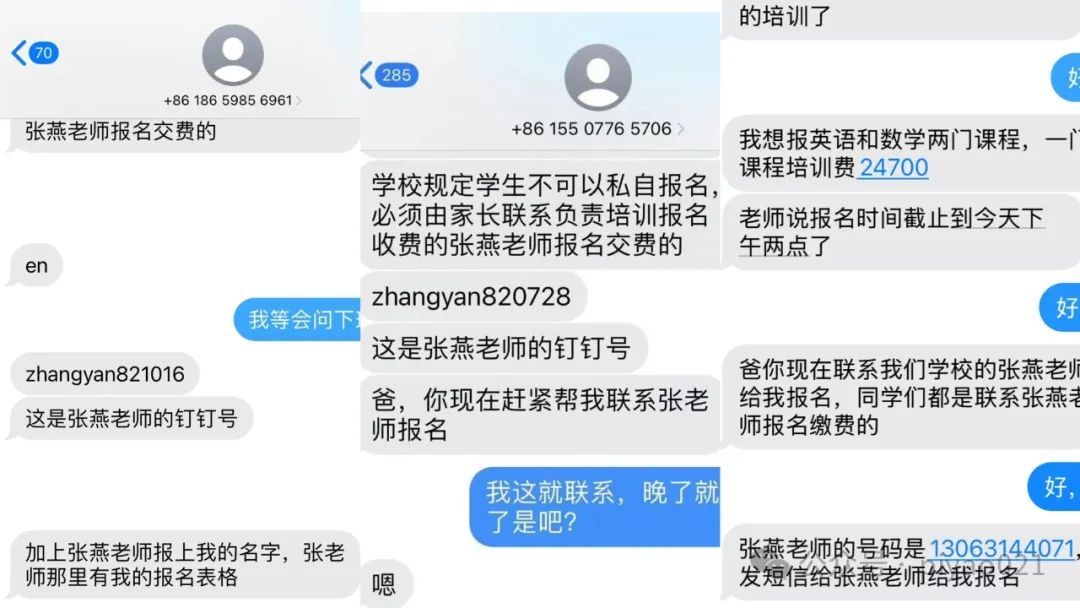 对方提供了不同的钉钉号和电话号码，都称是“教导处张燕”。