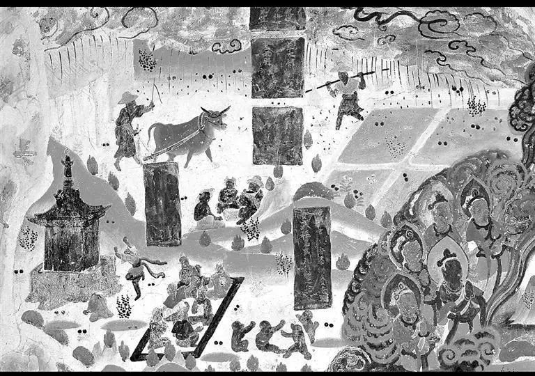 敦煌莫高窟第23窟《雨中耕作与起塔供养》