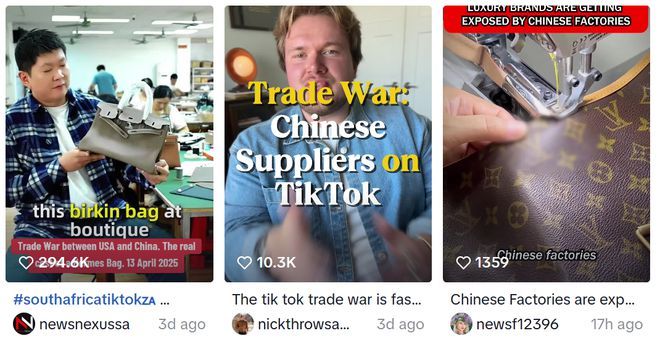 4月中旬以来，多名博主在tiktok发布了奢侈品代工揭秘的视频。视频同时嵌入一行小字：去敦煌网，用更低的价格购买类似的商品，敦煌网就此在外网走红。视频截图