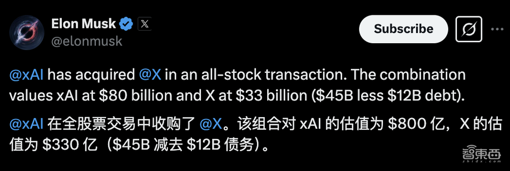 马斯克xAI收购X,总估值8000亿