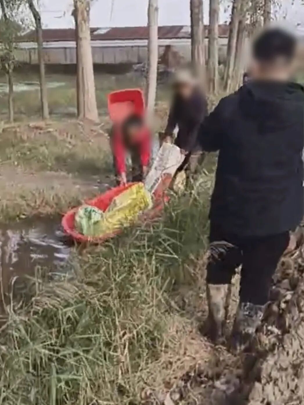 沟渠尽头,村民们将装着玉米的澡盆拉上岸/受访者供图