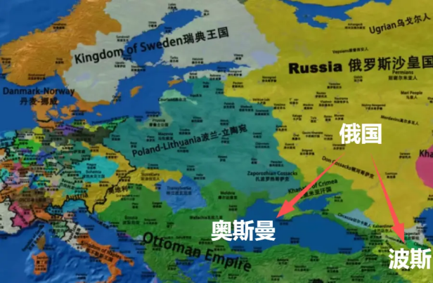▲俄国侵略波斯、奥斯曼帝国的图