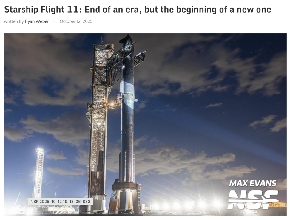 △美国专业航天网站NASASpaceFlight.com形容说,“星舰”11是一个时代的结束,也是另一个时代的开始