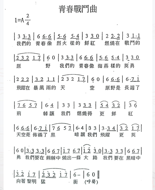《青春战斗曲》曲谱