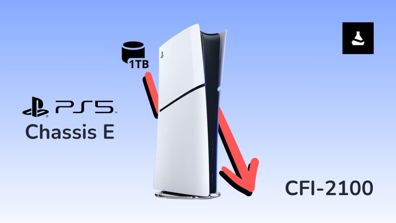 Image d'illustration montrant le visuel de la PS5 Slim Digitale avec une flèche allant vers le bas pour signifier que l'espace de stockage va baisser sur la nouvelle version Châssis E (CFI-2100).