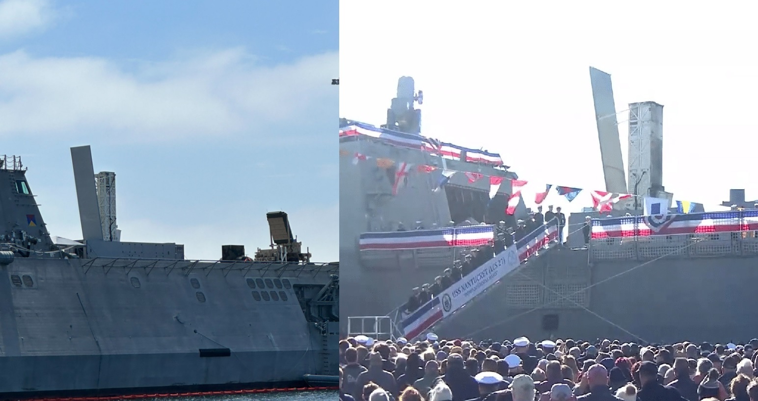 “独立”级LCS-28“萨凡纳”号(左)与“自由”级LCS-27“南塔基特”号(右)濒海战斗舰,分别在舰艉直升机甲板上搭载了Mk70集装箱发射装置进行测试