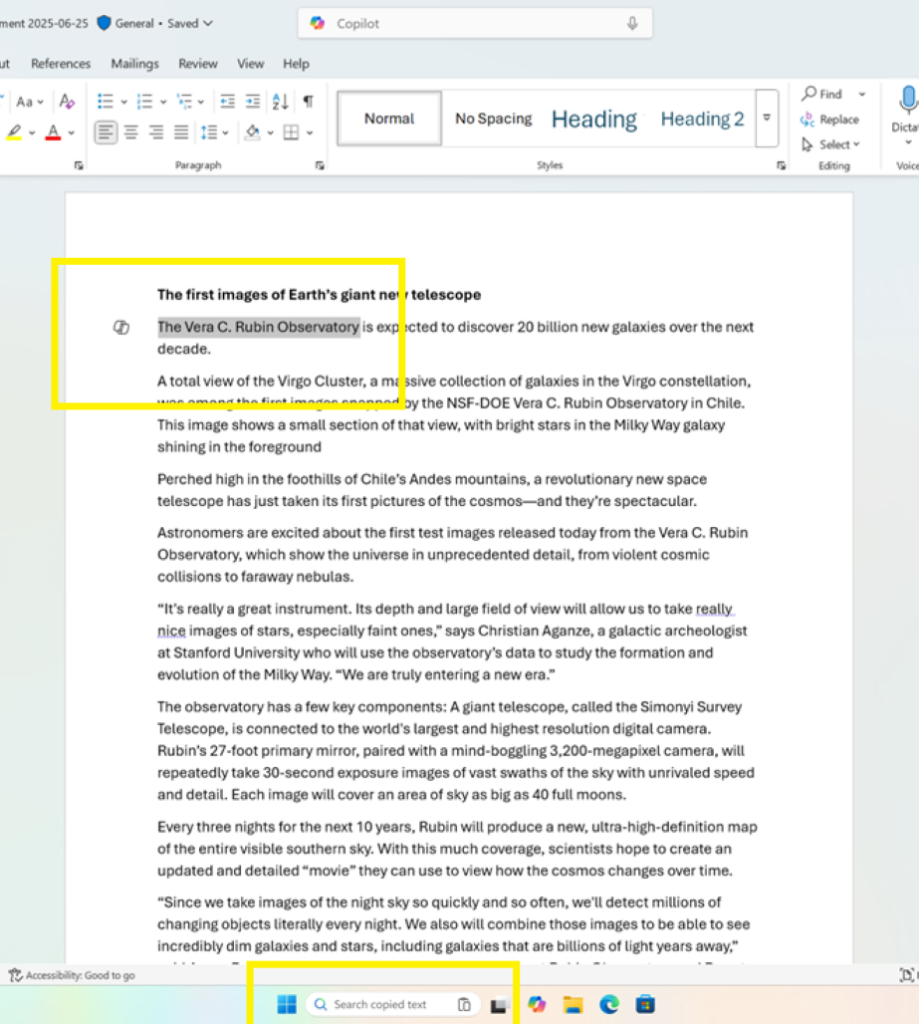 Copying any text in Windows (in this case Office) adds a paste gleam to in the Search field on Taskbar.
