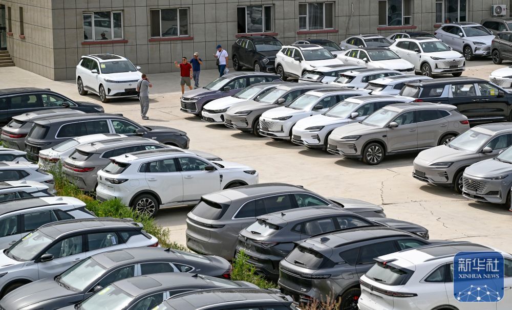 在新疆霍尔果斯一家汽车贸易公司,外国客商在室外仓库了解情况(6月10日摄)。