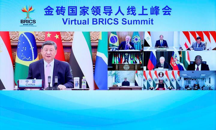 △2025年9月8日,习近平主席出席金砖国家领导人线上峰会,并发表题为《团结合作 砥砺前行》的重要讲话。