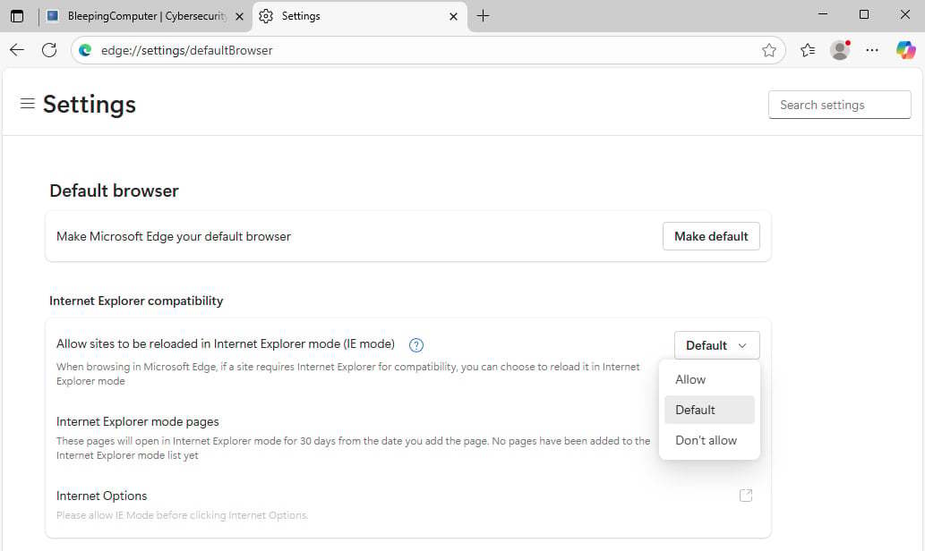 Edge setting for IE mode