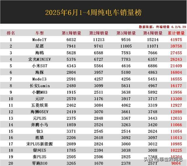 纯电车大卖!6月销量排名大洗牌,星愿丢冠,钛3第15,日产N7第28