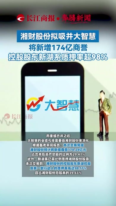 湘财股份拟吸并大智慧，将新增174亿商誉，控股股东新湖系质押率超98%。#湘财股份