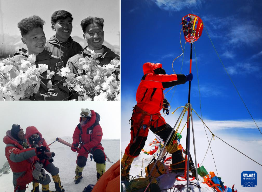 拼版照片：左上图为1960年5月登上珠穆朗玛峰顶的中国登山队队员王富洲（右）、贡布（中）和屈银华（资料照片 新华社发）；左下图为2008年5月8日，北京奥运圣火珠峰传递登山队队员罗布占堆（左）点燃第一棒火炬手吉吉手中的“祥云”火炬（新华社发）；右图为2020珠峰高程测量登山队队员在珠穆朗玛峰峰顶开展测量工作（2020年5月27日新华社特约记者扎西次仁摄）。新华社发