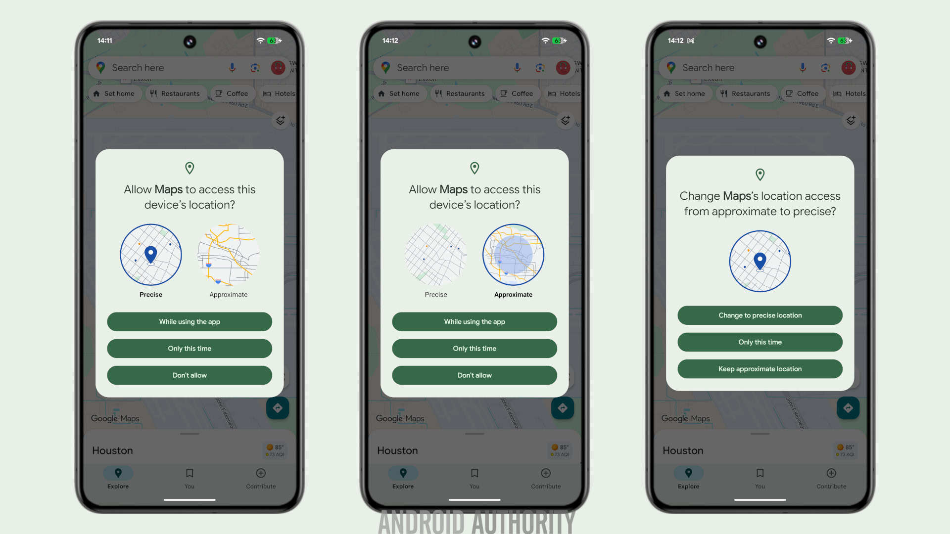 Android approximate and precise location access dialogs