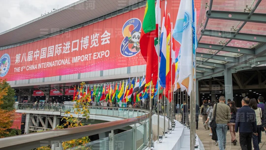 2025年11月6日,上海,众多观众进入国家会展中心(上海)看展、洽谈。场外,各参展国国旗飘扬。