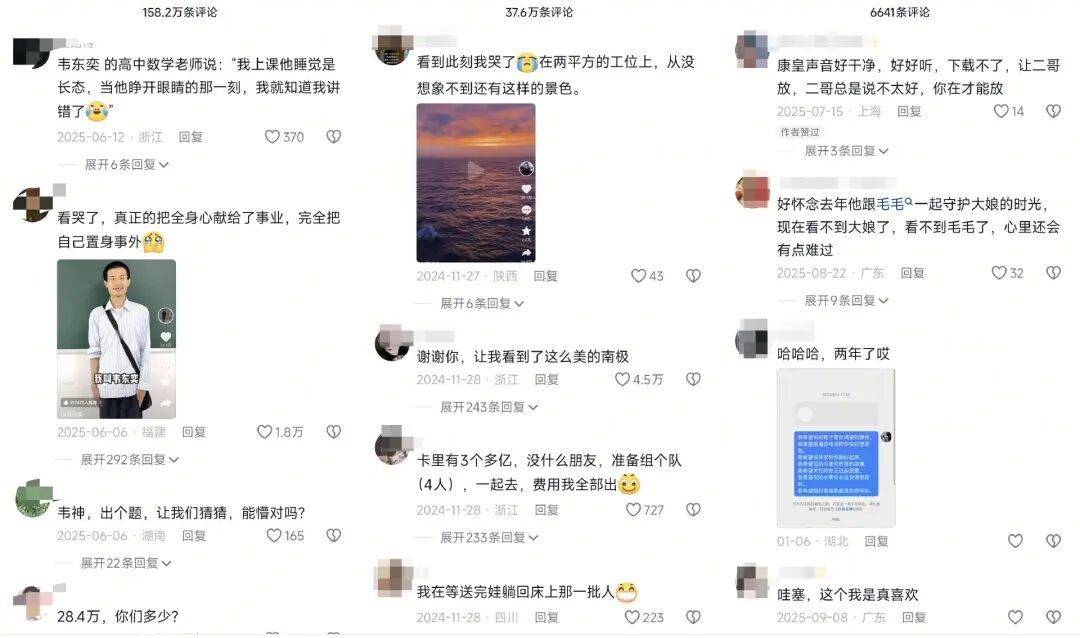 从左到右依次为“韦东奕”“蓝战非”“志康🦋”的评论区