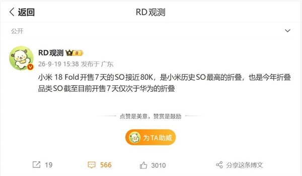 10999元起!小米18 Fold 7天激活量接近8万台:刷新自家折叠屏销量纪录